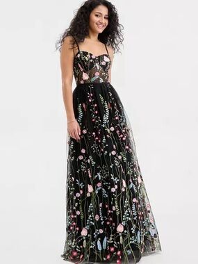 Black Floral Embroidered Maxi Dress with Spaghetti Straps